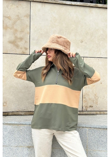 Kadın Haki Uzun Kol, Dik Yaka, Fermuarlı, Double Color Block Basic Sweatshirt Bluz Haki