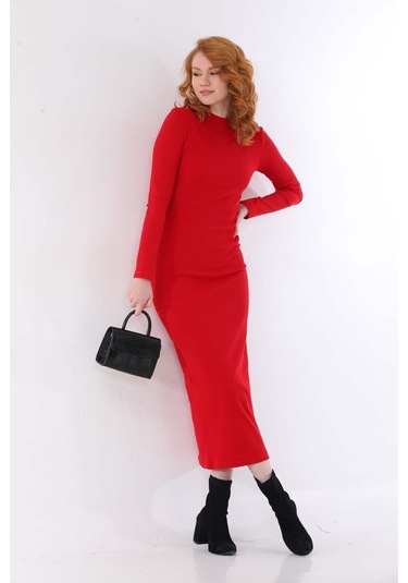 Kallima Kırmızı Bodycon Dik Yaka Uzun Kollu Fitilli Elbise-130 Cm Kırmızı