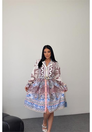 Neşeli Butik Kadın Mavi Kemer Detaylı Mini Boy Tasarım Elbise Nbms25111 Mavi