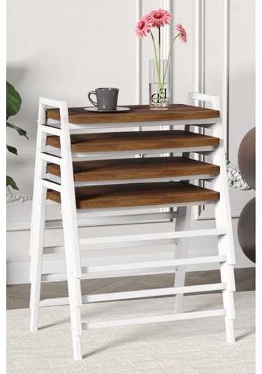 Zigon Sehpa , Aden 4'lü Tepsi Zigon Sehpa Takımı Beyaz Metal - Barok Tabla Beyaz-barok