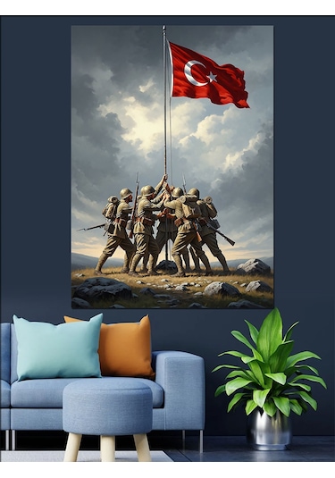 Türk Bayrağı Diken Askerler Dekoratif Kanvas - Mdf Ahşap Tablo