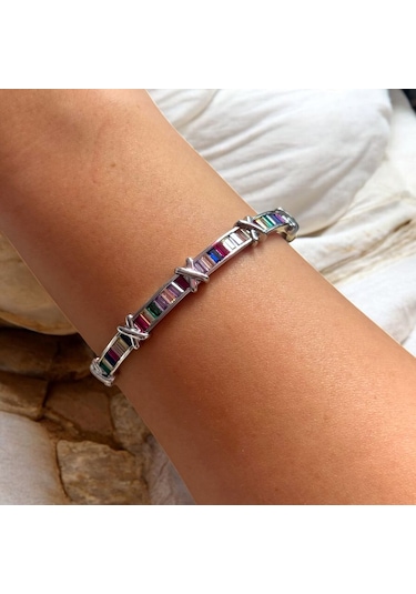 Kırmızı Sanat Evi Renkli Taşlı X Detaylı Zarif Kadın Çelik Kelepçe