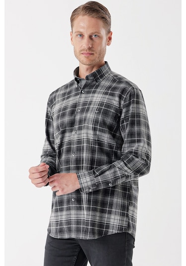 Siyah Uzun Kollu Ekoseli Gabardin Sert Yaka Cepli Garnili Casual Comfort Fit Gömlek 1004235112-siyah Siyah