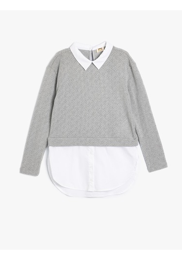 Koton Gömlek Detaylı Sweatshirt Çift Kumaş Detaylı Gri 5wkg10349ak Gri
