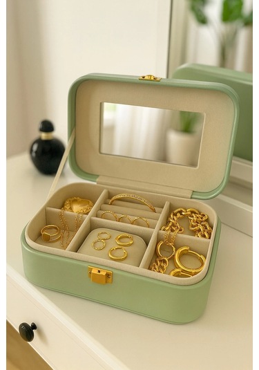 Deri Seyahat Takı Bijuteri Mücevher Kutusu Organizer Düzenleyici 20cm Yeşil İthal Ürün