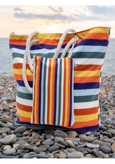 Cüzdan Hediyeli Kadın Plaj Çantası - Renkli Çok Renkli