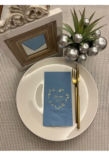 Gold Yaldızlı Mavi Bir Ömür El Ele Peçete 16 Adet