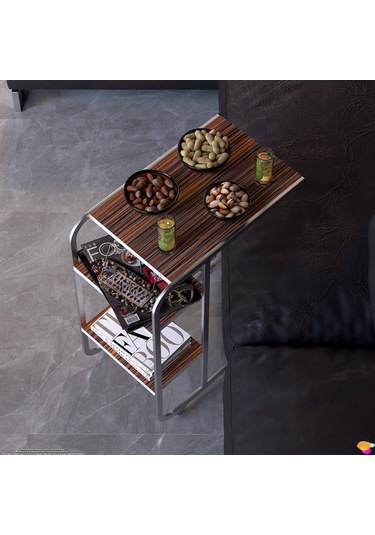 Modilayn C Yan Sehpa Dar Boy Tekerlekli Çalışma, Atıştırmalık, Yemek, Laptop Sehpası Abanoz Ahşap