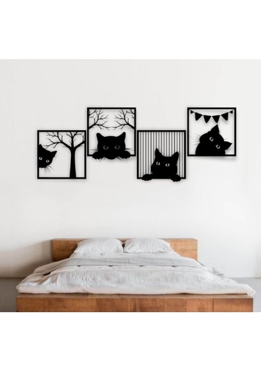 Siyah Ahşap Kediler 30cm X 30cm 4 Adet Tablo Duvar Dekoru 3mm Mdf Lazer Kesim