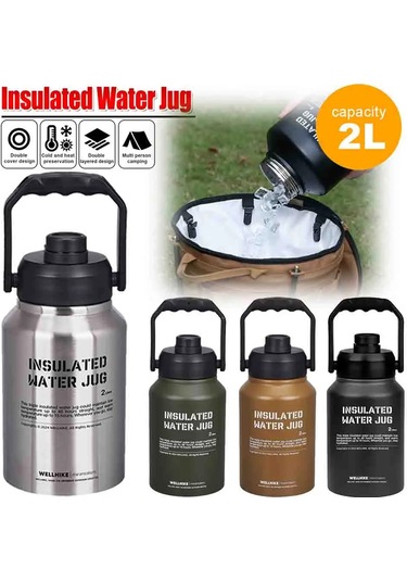 2l Yalıtımlı Su Sürahisi Paslanmaz Çelik Spor Eğitimi Su Şişesi Açık Yeşil