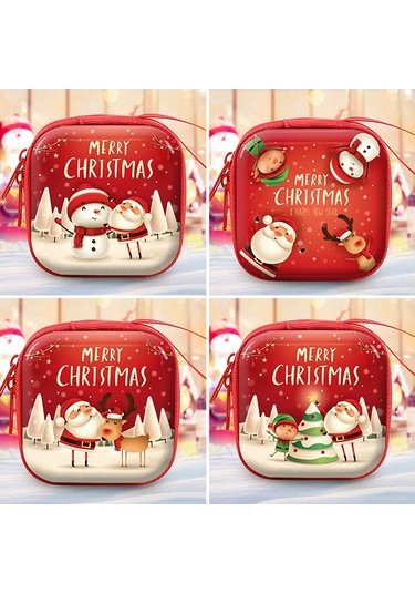 Noel Kare Fermuarlı Çanta Karikatür Öğrenci Para Anahtar Saklama Çantası Kulaklık Kılıfı Para Kesesi