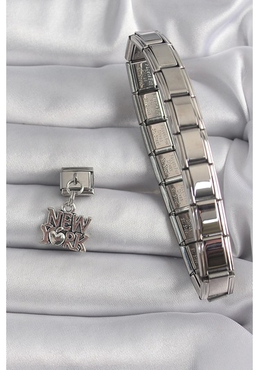 316l Çelik Gümüş Renk Sallantı New York Yazı Model Nomination Charm Çok Renkli