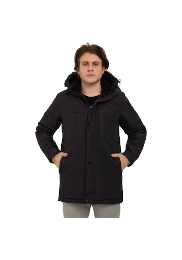 Erkek Polarlı Kürklü Su Ve Rüzgar Geçirmez Kapüşonlu Kışlık Mont & Kaban & Parka Lacivert