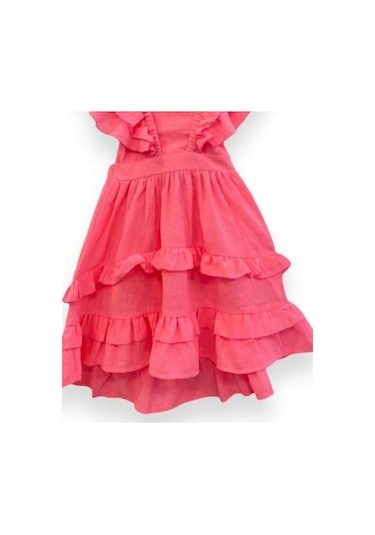 Kız Çocuk Askılı Dokuma Sırtı Açık Elbise-13744 Neon Pembe