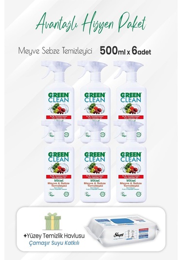 U Green Clean Meyve Sebze Temizleyici 6 x 500 ML + Sleepy Çamaşır Sulu Temizlik Havlusu 100'lü