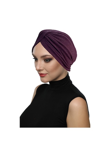 Çapraz Fukuro Simli Astarlı Mor Hazır Türban Tesettür Abiye Bone Mor