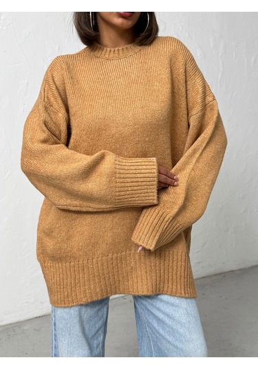 Kadın Yumuşak Dokulu Bisiklet Yaka Oversize Basic Triko Kazak Camel