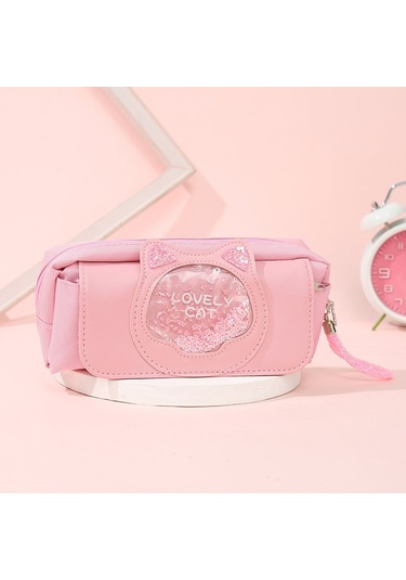 Karikatür Çizim Kalemleri İçin Pratik Saklama Çantası, Çok Amaçlı Kırtasiye Organizeri, Quicksand Desenli Sevimli Kedi Figürlü Okul Ve Ofis Malzemeleri Düzenleyici Pembe