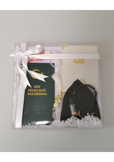 Dini Nikah Seti Kurdeleli Özel Kutu Dini Nikah Defteri, Kadife Yasin, Gelin Başörtüsü, Kristal Tesbih, Gül Suyu, Takke, Esans