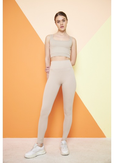 Haki Yüksek Bel Fitilli Toparlayıcı İnterlok Örme Şardonlu Spor Kışlık Tayt Bej