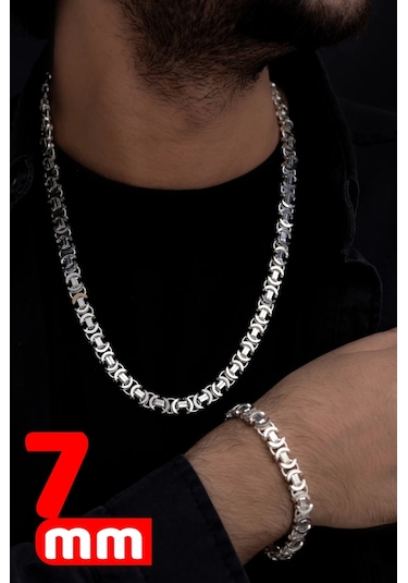 Erkek Gümüş Kolye Bileklik Set - 7mm Parlak Euro Kral Zincir