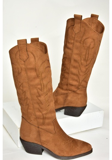 Fox Shoes T404401202 Taba Süet Kovboy Model Kadın Çizme Taba-Süet