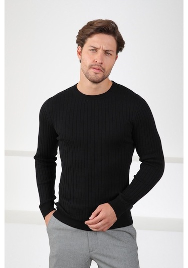 Ferraro Siyah Bisiklet Yaka Fitilli Erkek Kazak Siyah