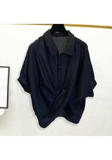 Beyaz Kadın Yaz Yaka Gömlek Tops Batwing Kısa Kollu Çapraz Düzensiz Tasarım Tek Göğüslü Casual Tops Streetweed Beyaz