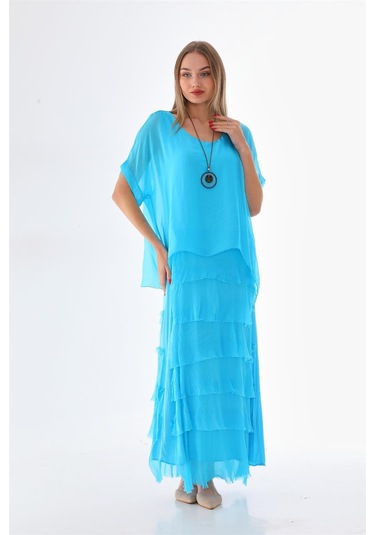 İtalyan 2 Beden İnce Gösteren Yarım Kol Kat Kat Ipek Elbise Turkuaz