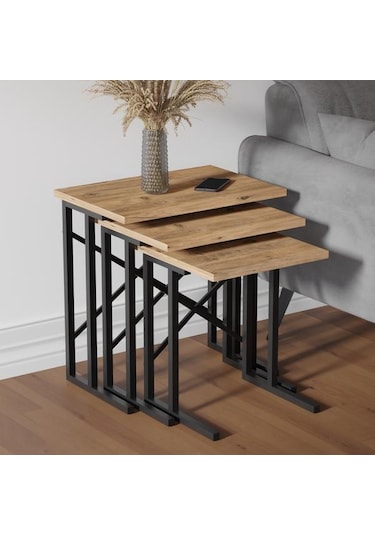 Ceramical Metal Ayaklı Eco X Zigon Sehpa - Atlantik Çam - 54x35x53 Cm Atlantik Çam