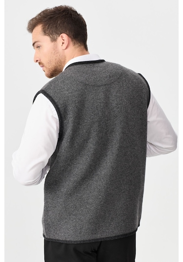 Desen Triko Erkek V Yaka Keçe Aksesuarlı Pike Dokuma Yün Yelek 02422569 Füme