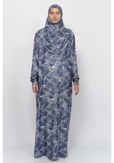 Pratik Tek Parça Ağaç Desenli Kollu Tak Çıkar Başörtülü Likralı Tesettür Namaz Elbisesi 990-0705 Lacivert Antrasit