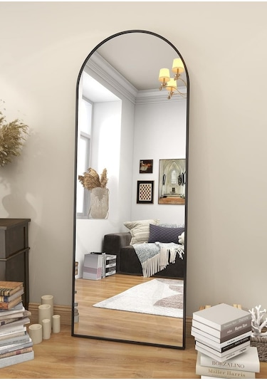 Zer 160x55 Kemerli Zemin Aynası,tam Boy Aynalı Duvar Aynası, Yatak Odası, Giyinme Odası İçin Standlı Siyah