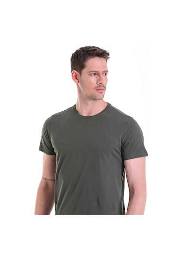 Hatemoğlu Regular Fit Pamuk Bisiklet Yaka Düz Erkek Tişört Haki