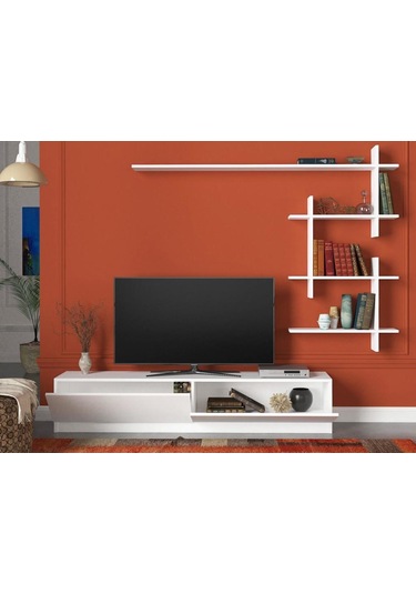 Dekorister Ahenk Duvar Raflı Tv Ünitesi Beyaz