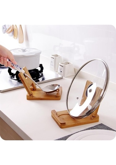 Pazly Çevre Dostu Bambu Pot Tutucu Kapak Tutucu, Mutfak Eşyası Rafı, Drenaj Tavası, Bambu Malzeme, 17x13.5x14cm, Yeni Model Doğal