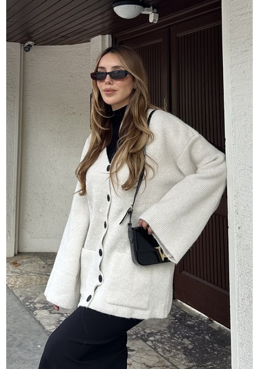 Kemik Çift Cepli Hırka - 04622 Krem