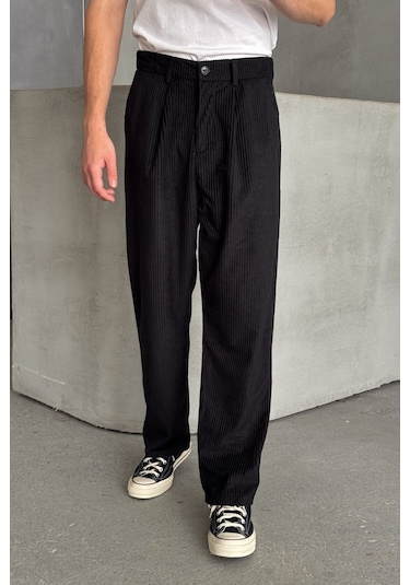 Erkek Pileli Baggy Kalıp Kadife Pantolon Siyah