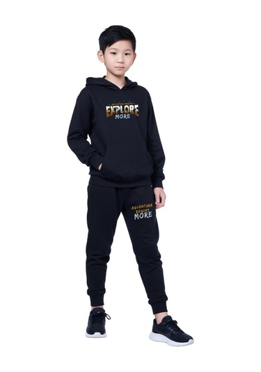 Kanguru Cepli Kapüşonlu Explore Baskılı Erkek Çocuk Eşofman Takımı Siyah