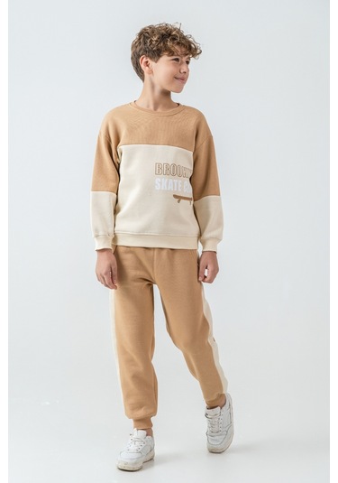 Erkek Çocuk Brooklyn Skat Clup Baskılı 3 İplik Kalın Kışlık Eşofman Takımı Ak4228 Bej