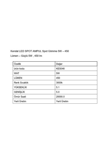 Kes046 Led Spot Ampul 5w 450 Lümen - 3000k Sarı Işık