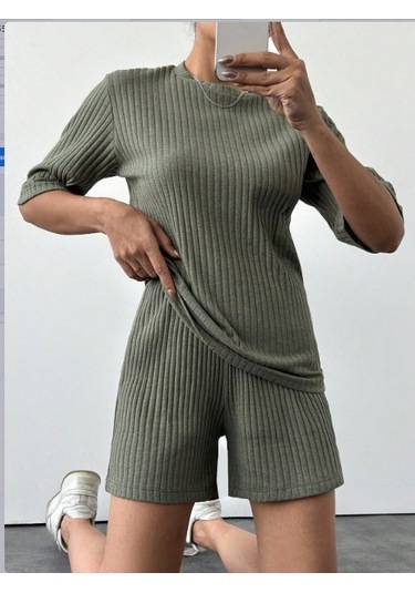 Ge Ticaret Kadın Kısa Kollu Bisiklet Yaka Kaşkorse Bluz Şort Ikili Takım Haki