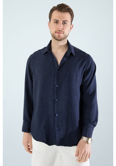 Rahat Kesim Keten Dokulu Gömlek Lacivert