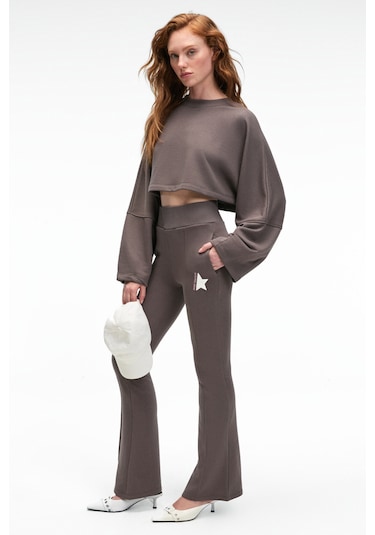 ANOUK Kadın Pamuklu Baskı Ve Patch Detaylı Bisiklet Yaka Crop Antrasit Sweatshirt