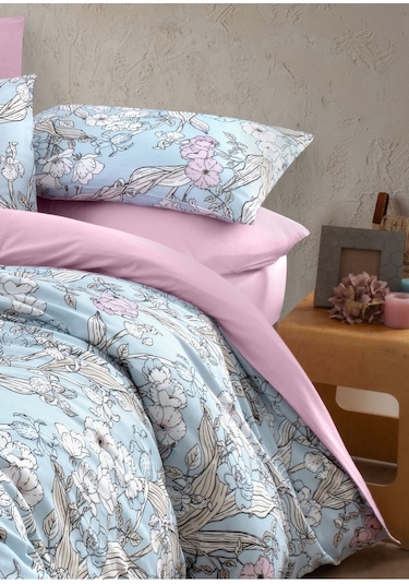 Mystory Home  Lastikli Çarşaflı Çift Kişilik Nevresim Takımı Fiore Mavi Pembe
