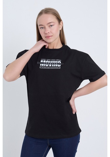 Velvoria Unisex Oversize Relaxed Moving Baskılı Siyah Renk T-shirt