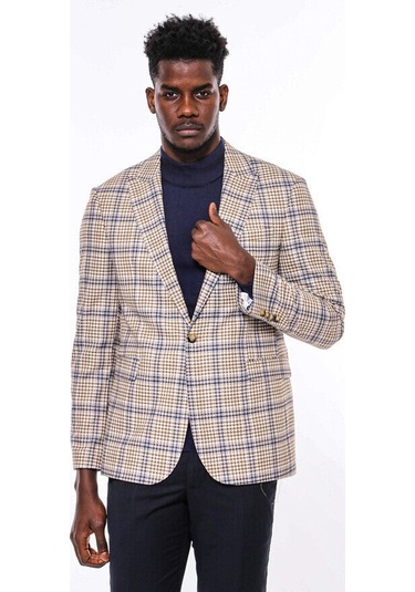 Wessi Ekose Desenli Slim Fit Kahverengi Mavi Erkek Ceket - Wessi Kahverengi - Mavi