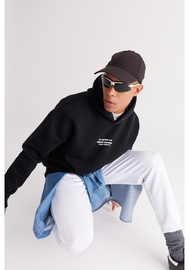 AC&Co / Altınyıldız Classics Erkek Sıyah Oversize Fit Bol Kesim Kapüşonlu İçi Polarlı Pamuklu  Sweatshirt Siyah