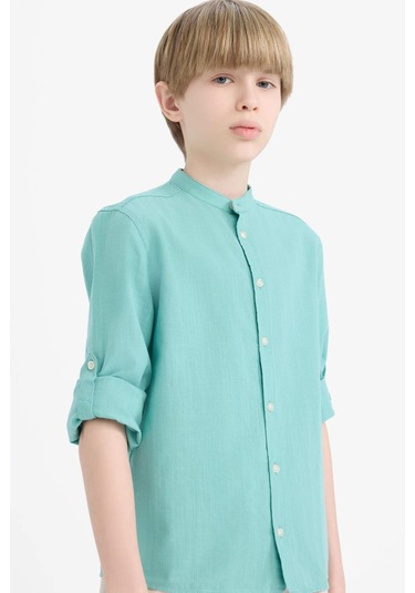 DeFacto Erkek Çocuk Dik Yaka Keten Görünümlü Uzun Kollu Gömlek Z1035A625SMGN1106