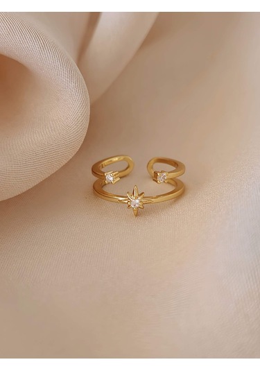 İki Sıralı Yıldız Zirkon Taşlı Ayarlanabilir Gold Altın Renkli Yüzük Gold